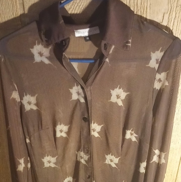 Women's brown floral mesh long sleeve topBUTTON DOWN - Picture 2 of 7